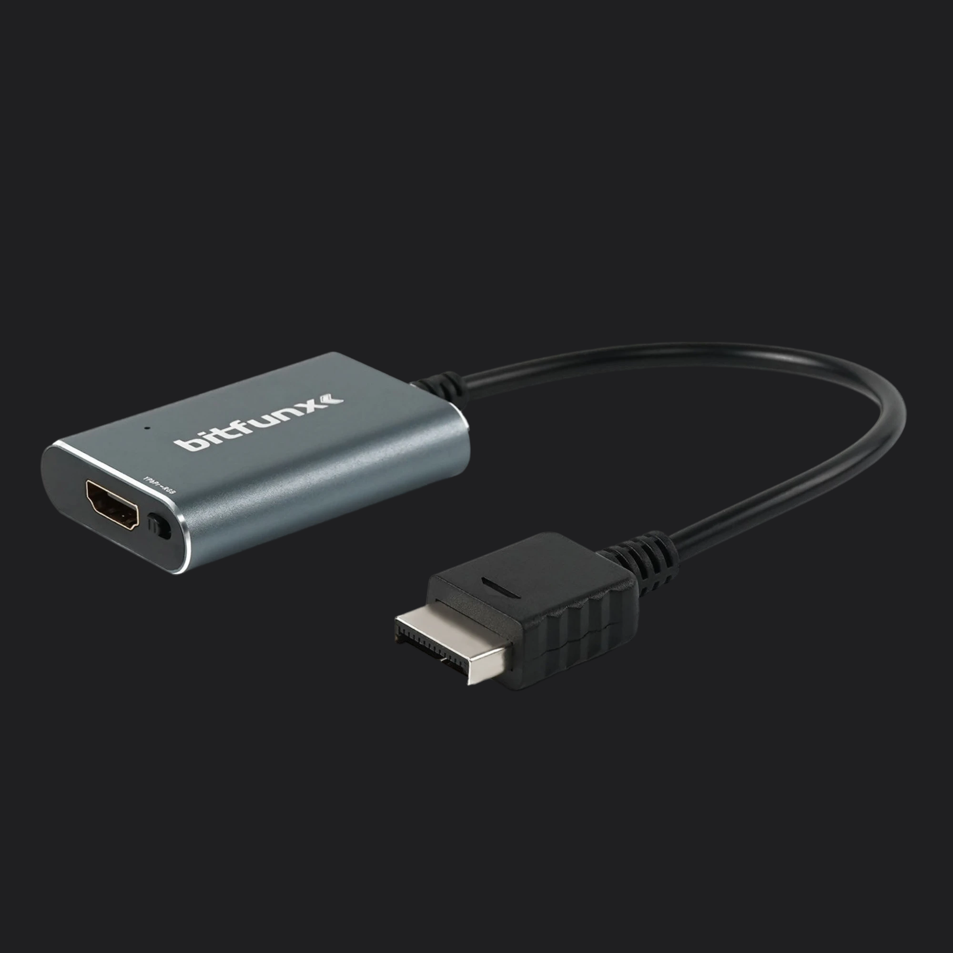 PS2 HDMI adapter with Bitfunx branding on a black background