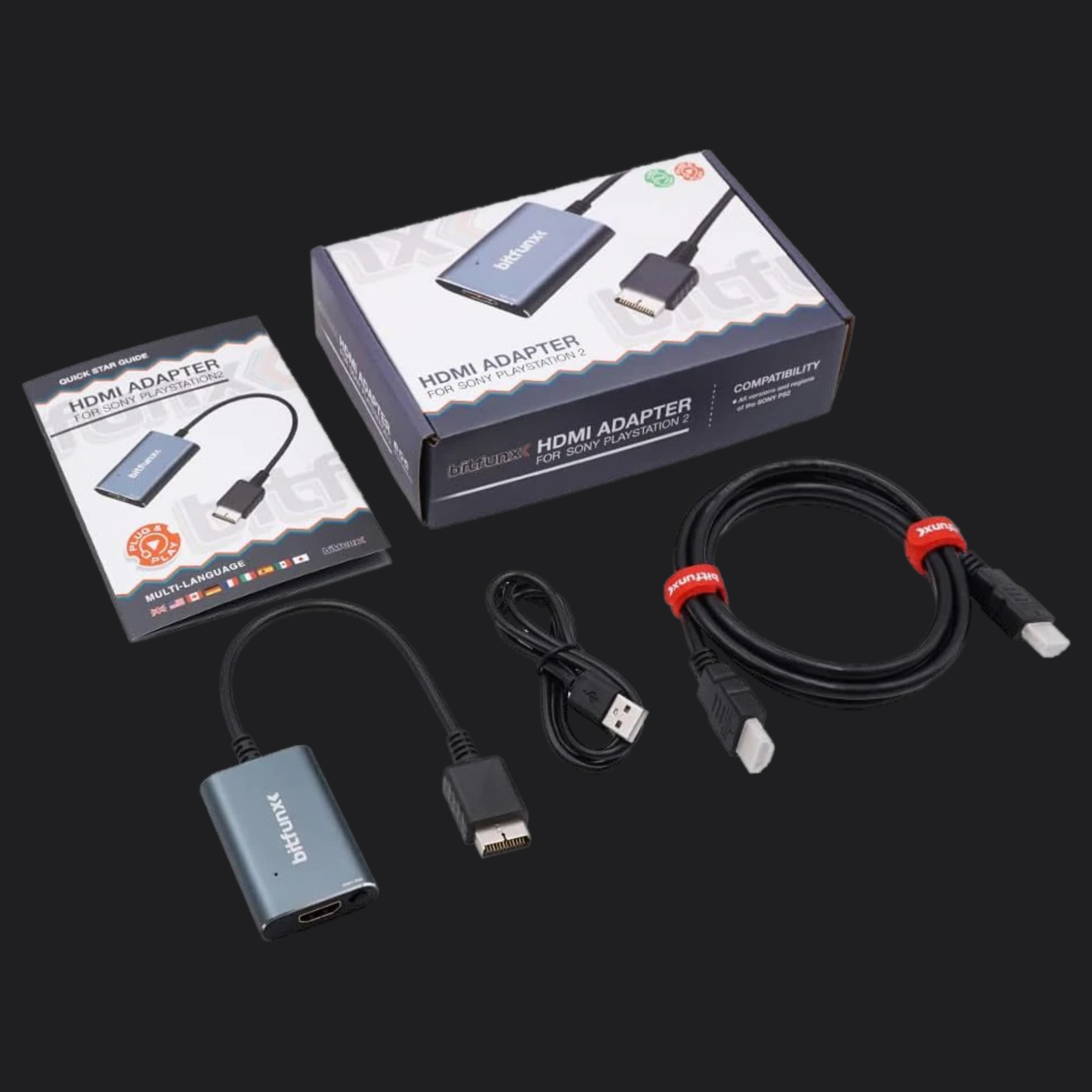 PS2 HDMI adapter kit with packaging, cables, and adapter on a black background