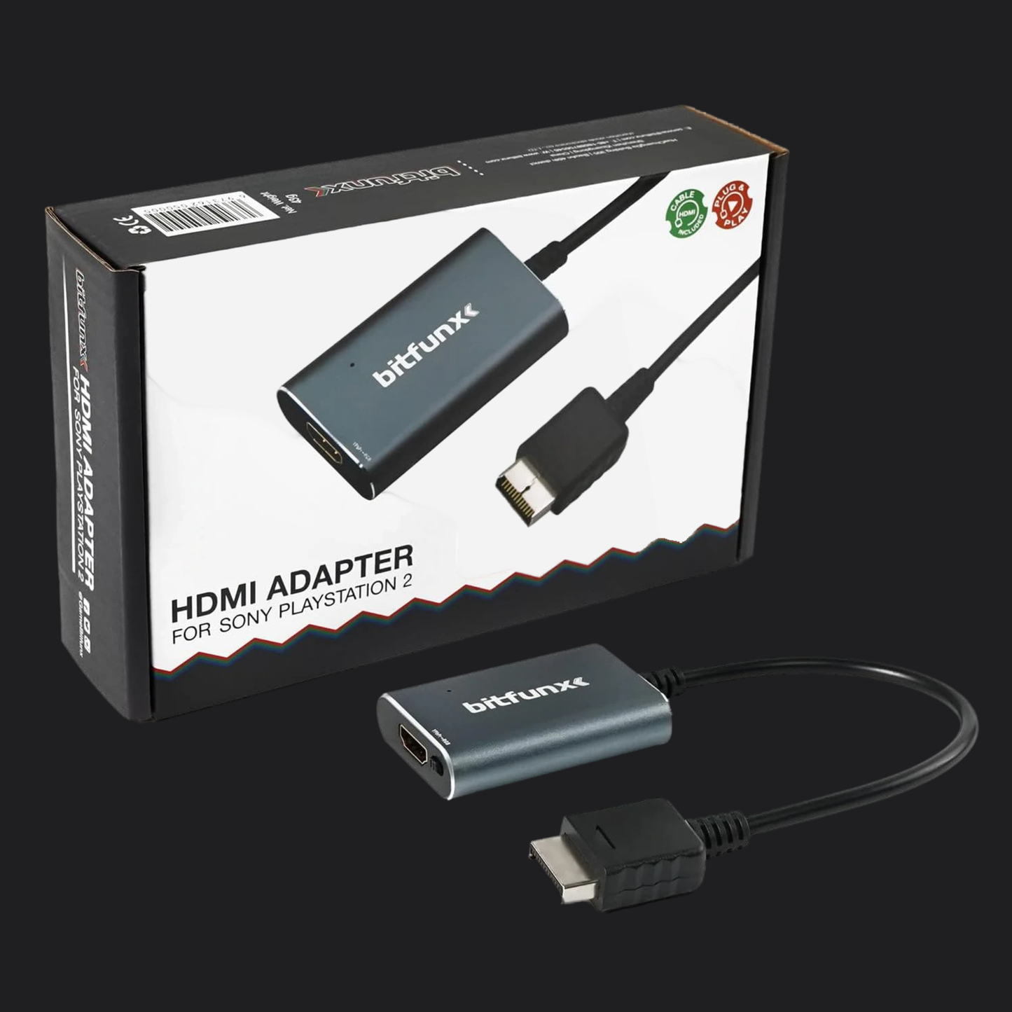 PS2 HDMI adapter with packaging displaying 'bitfunx' branding on a black background