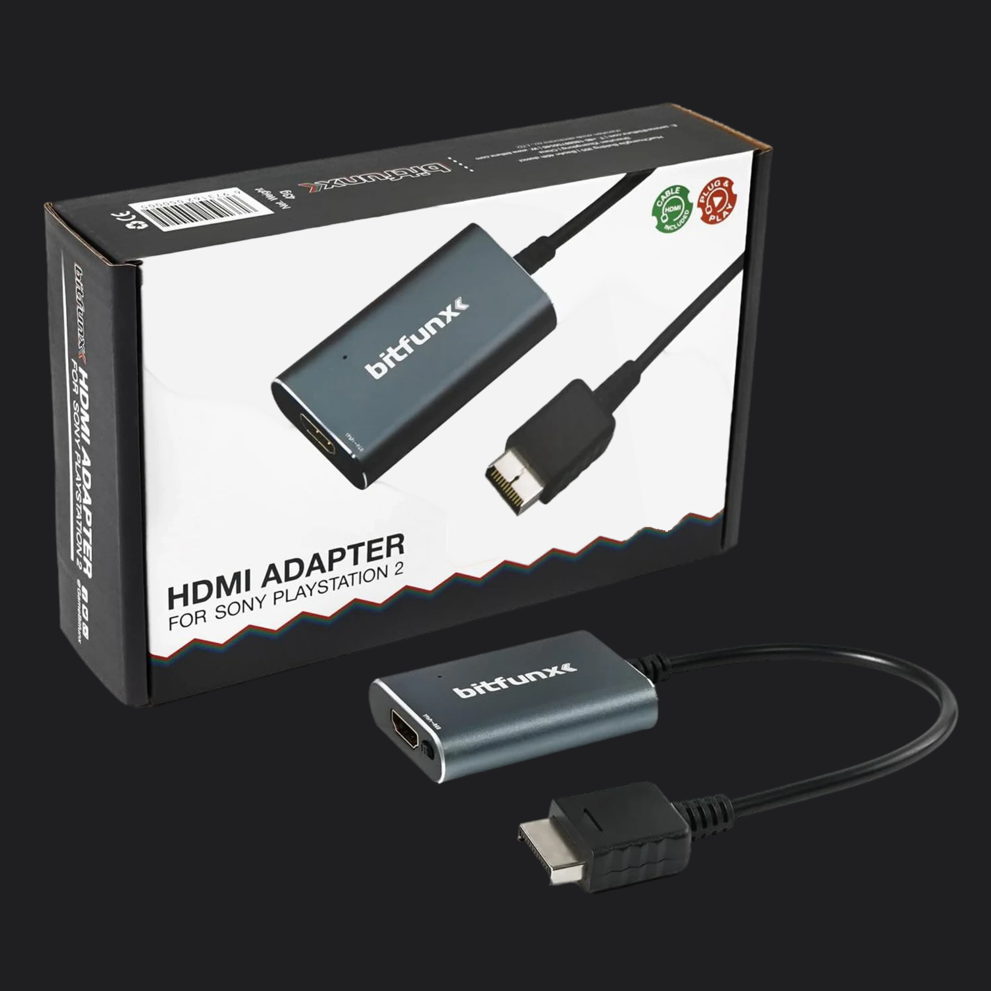 PS2 HDMI adapter with packaging displaying 'bitfunx' branding on a black background