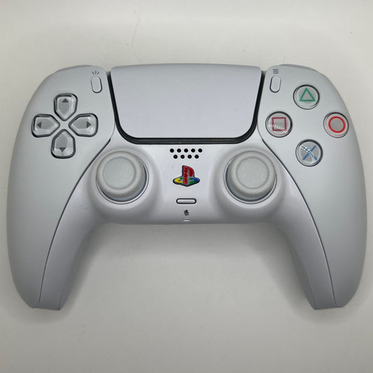 Custome white PS5 controller with PlayStation logo on a white background
