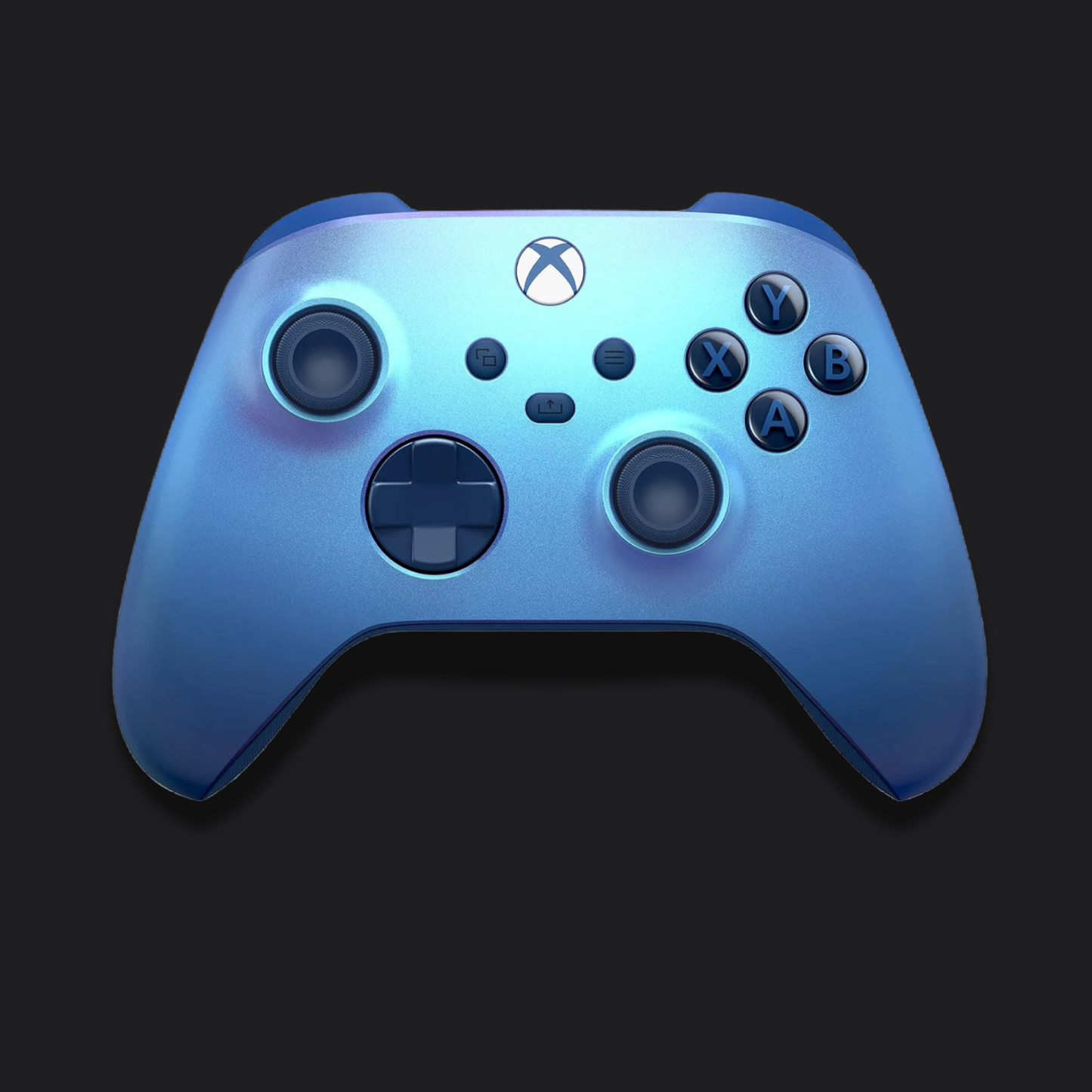 Blue gaming controller with Xbox logo on a black background